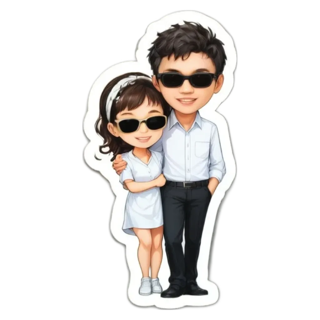 A cartoon couple wearing sunglasses and a white dress.