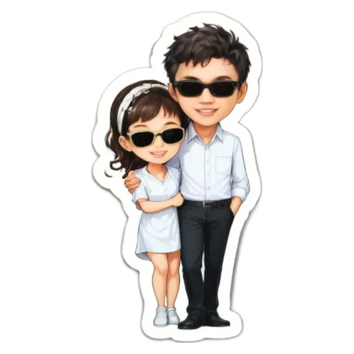 A cartoon couple wearing sunglasses and a white dress.