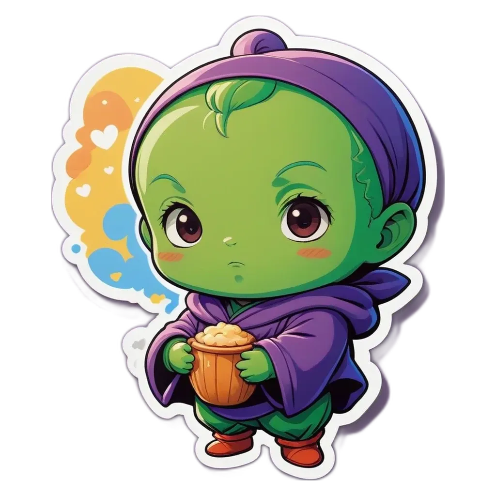 A cartoon green baby holding a gold bowl.