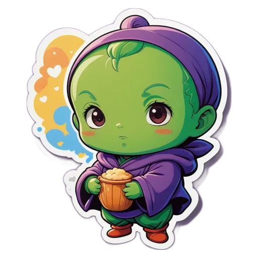 A cartoon green baby holding a gold bowl.