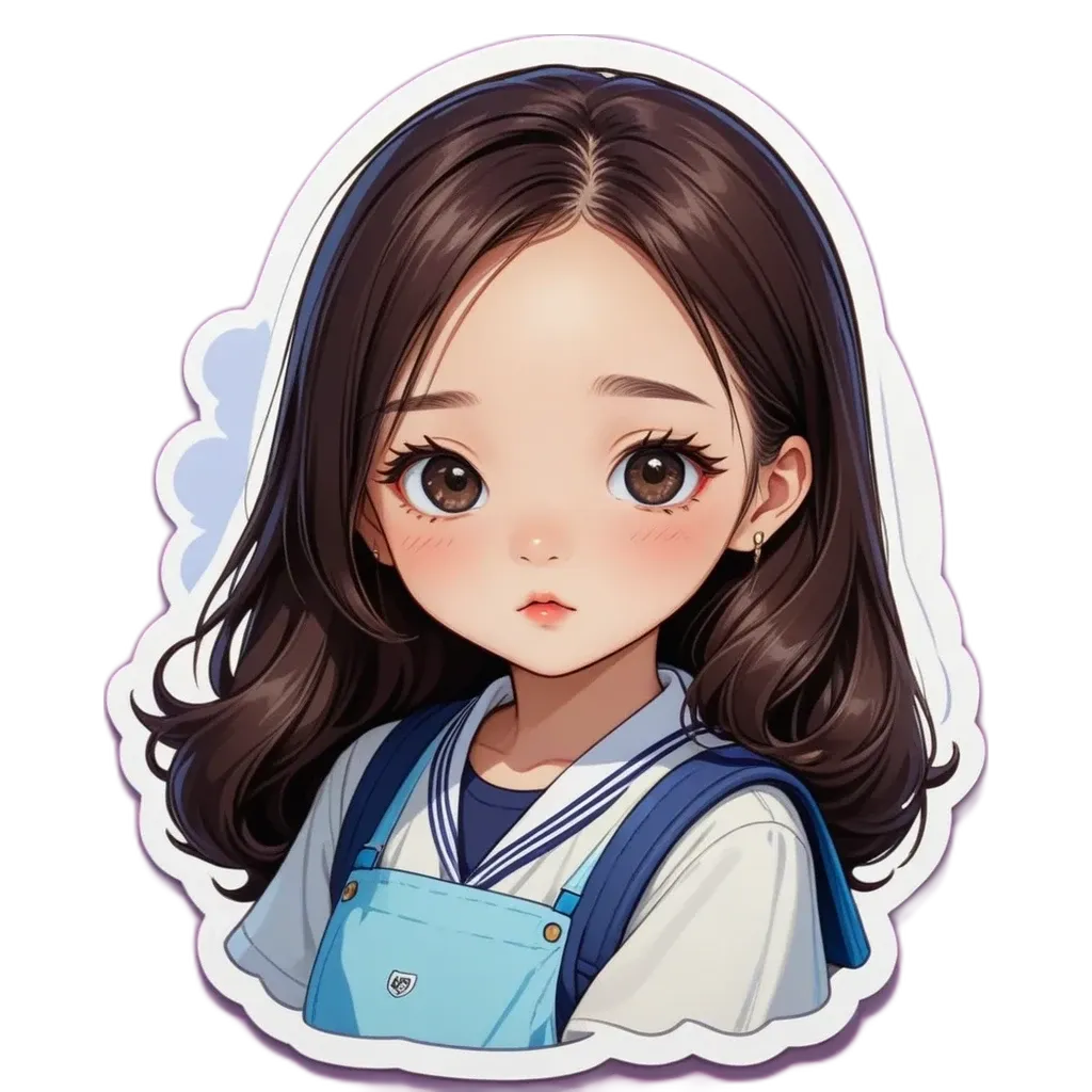 A sticker of a girl with long hair wearing a blue uniform.