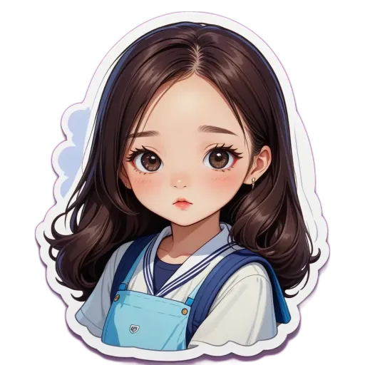 A sticker of a girl with long hair wearing a blue uniform.