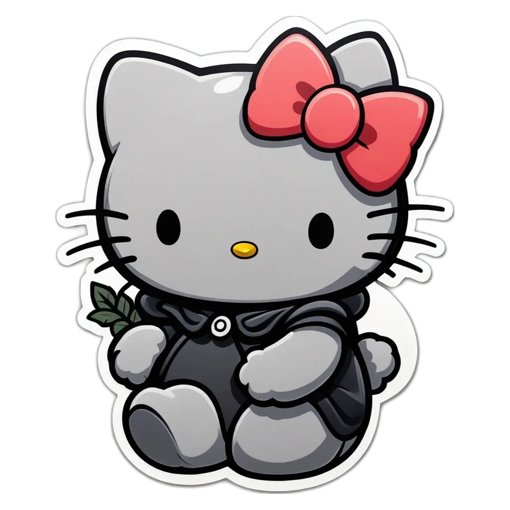 A Hello Kitty stuffed animal with a leaf in its lap.