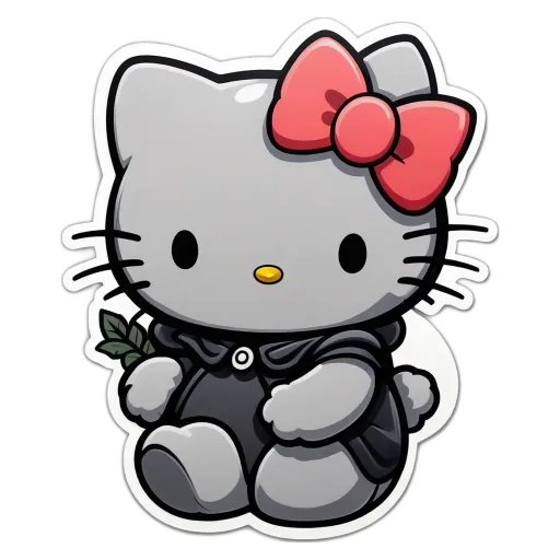 A Hello Kitty stuffed animal with a leaf in its lap.