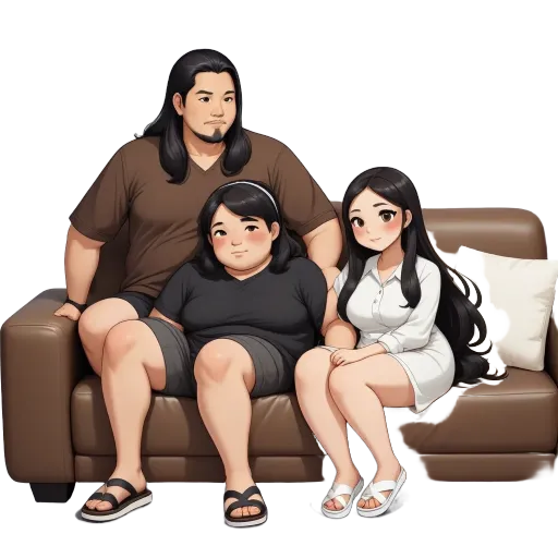 Three people sitting on a couch in a cartoonish photo.