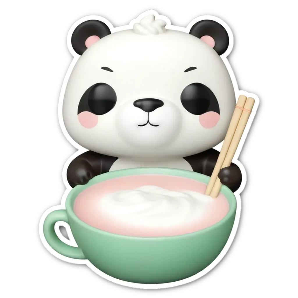 A panda bear with chopsticks in his mouth holding a cup of tea.