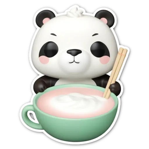 A panda bear with chopsticks in his mouth holding a cup of tea.