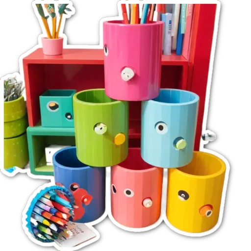 A stack of colorful cups with eyes on them are sitting on a table.