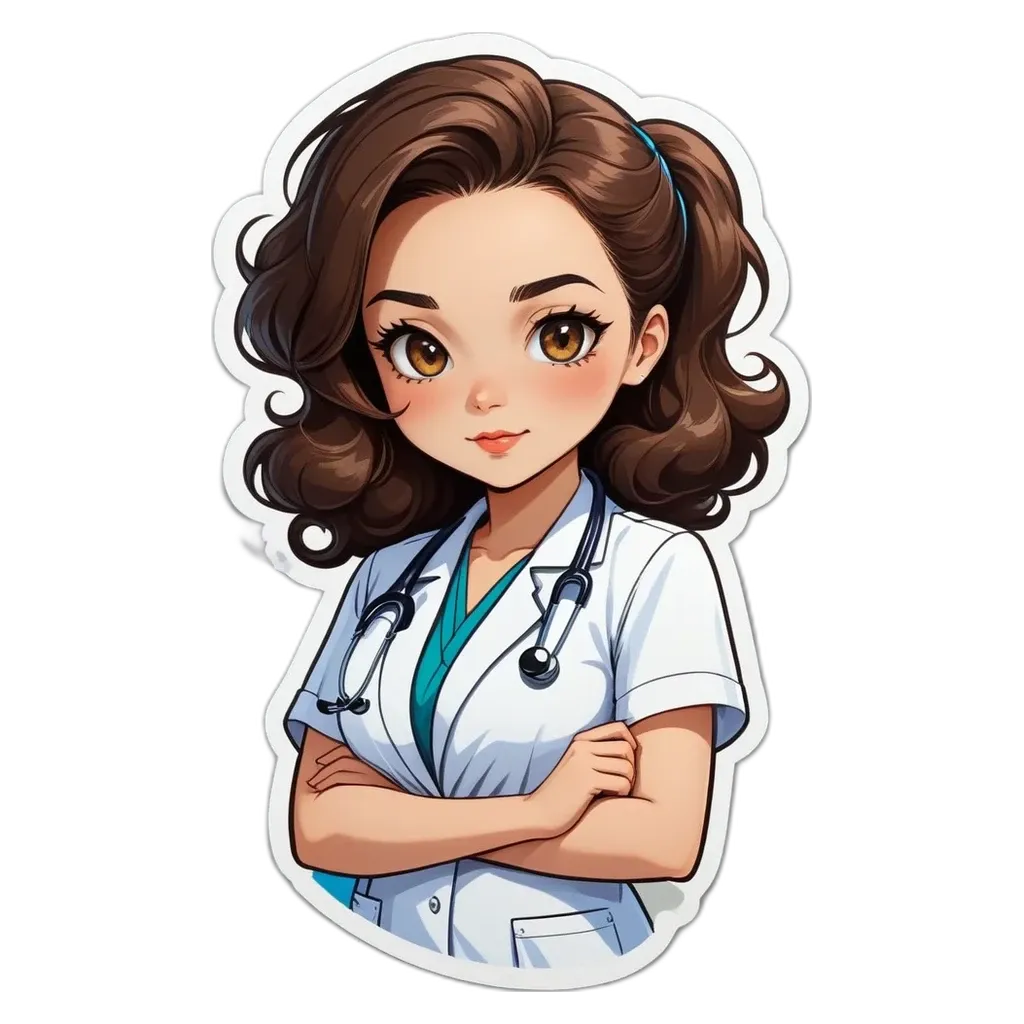 A cartoon depiction of a woman doctor with a white lab coat.