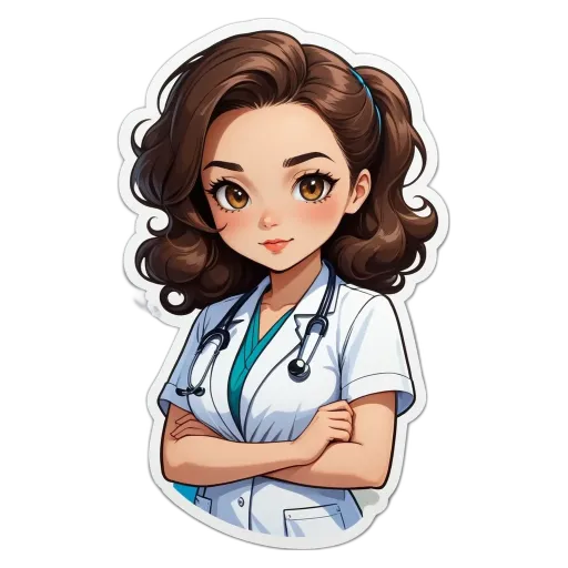 A cartoon depiction of a woman doctor with a white lab coat.