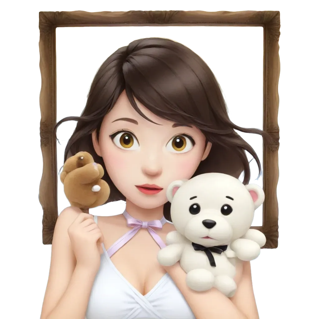 A girl holding a teddy bear in front of a frame.