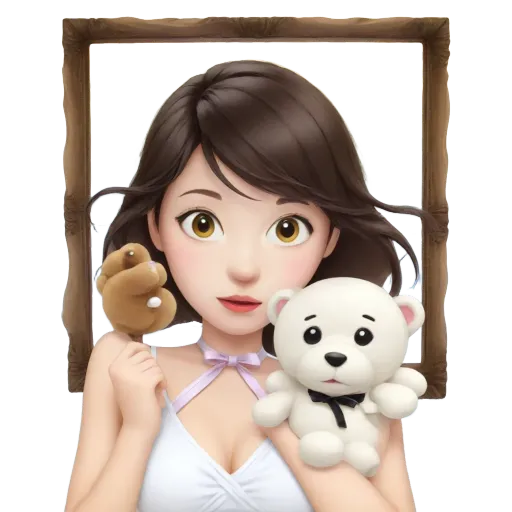 A girl holding a teddy bear in front of a frame.