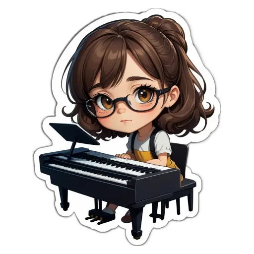 A girl playing the piano in glasses is shown.