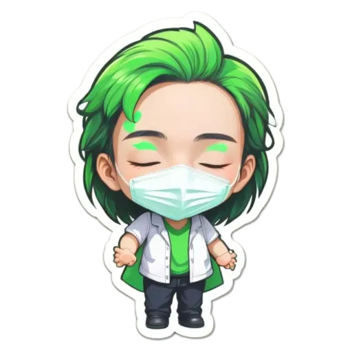 A green colored character wearing a white lab coat and a mask.