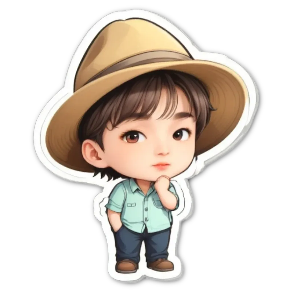 A boy is standing with his hands in his pockets wearing a straw hat.