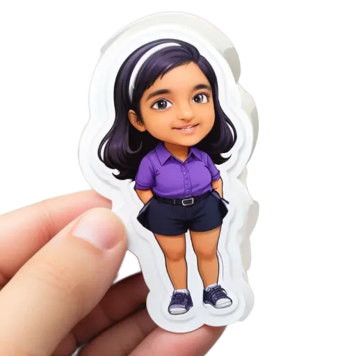 A hand holding a purple and black sticker of a girl.