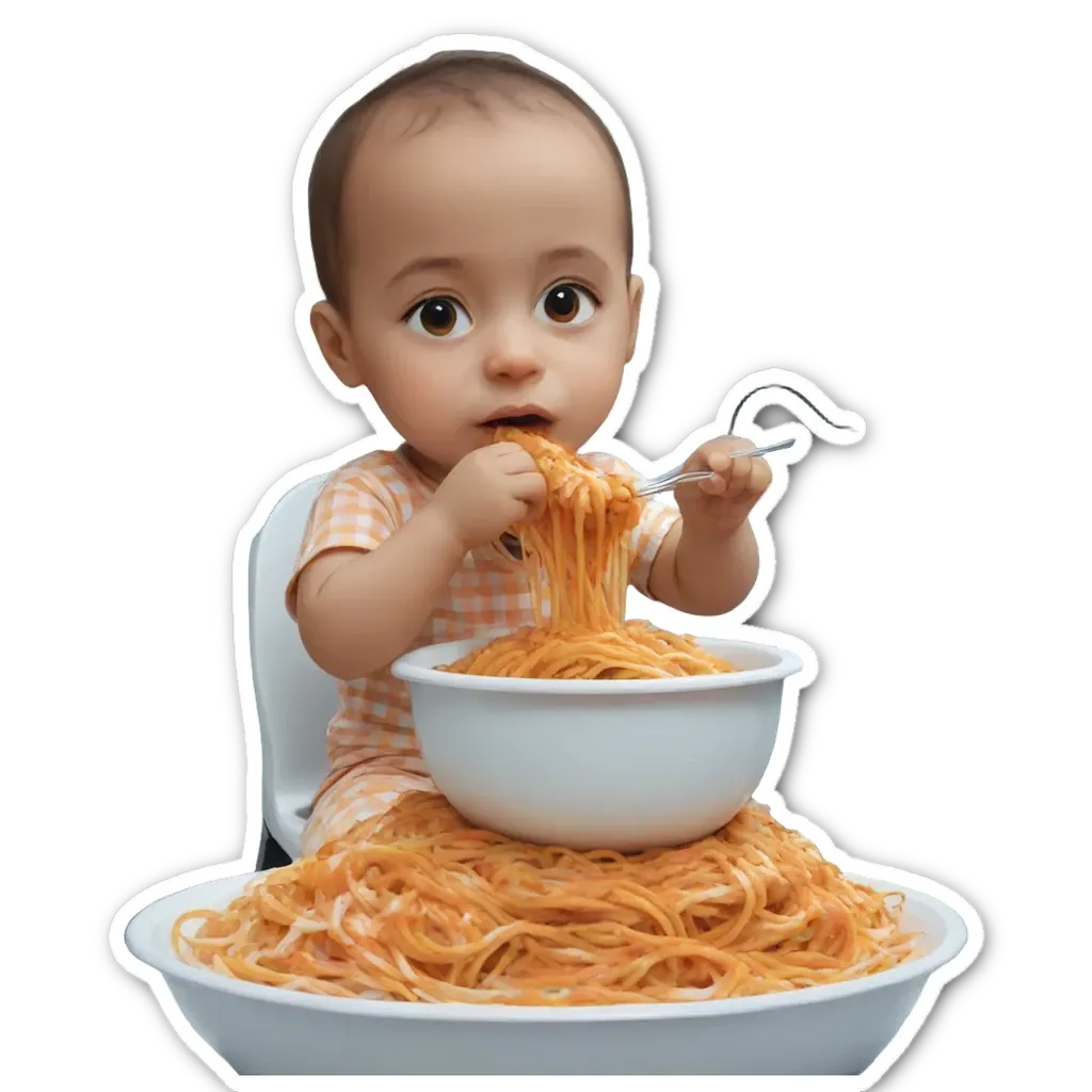 A baby eating spaghetti is the focus of this image.