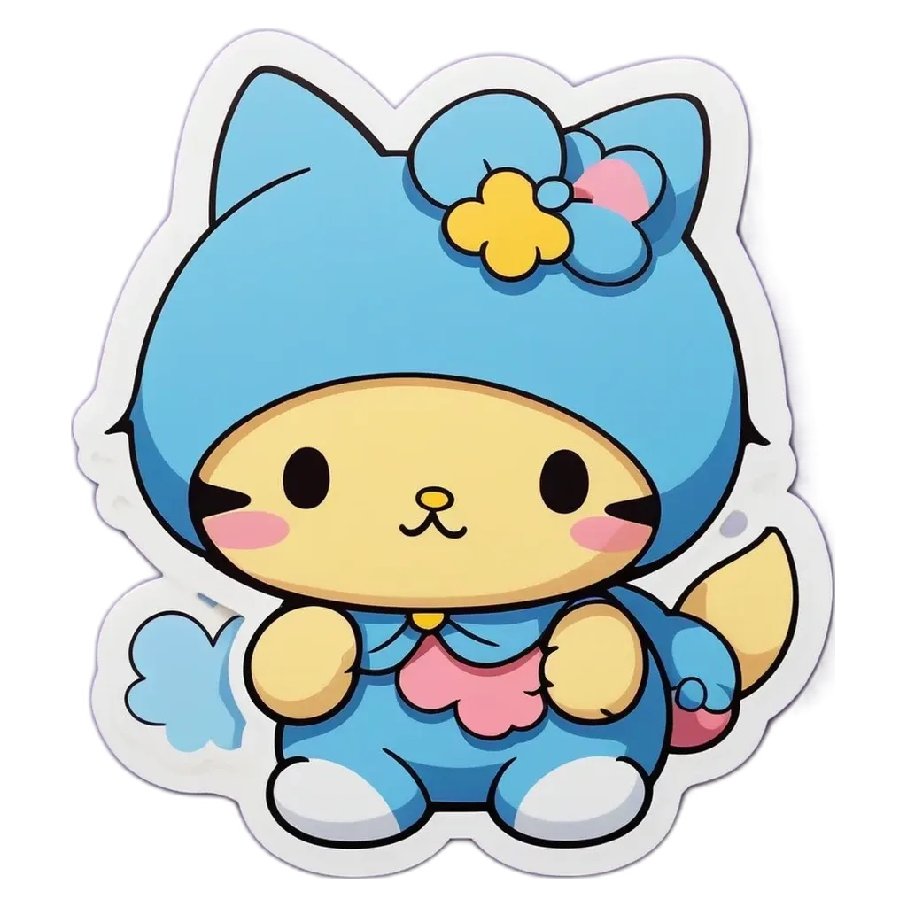 A cat wearing a blue dress with a bow on its head.