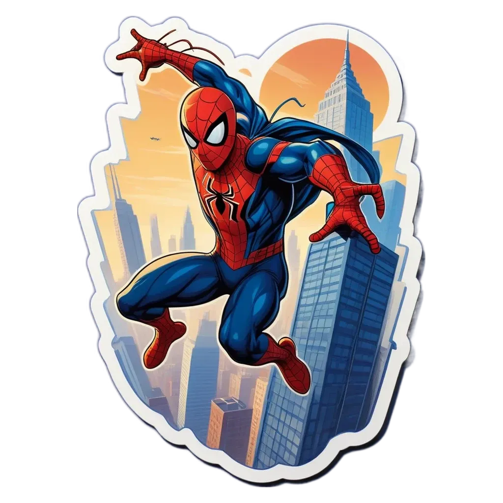 A cartoon depiction of Spiderman jumping down a city street.