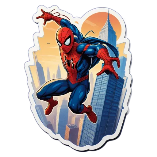 A cartoon depiction of Spiderman jumping down a city street.