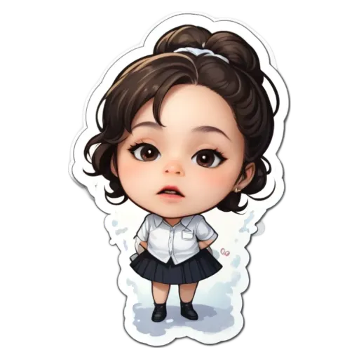 A girl with a sticker on her that is coloring her head.