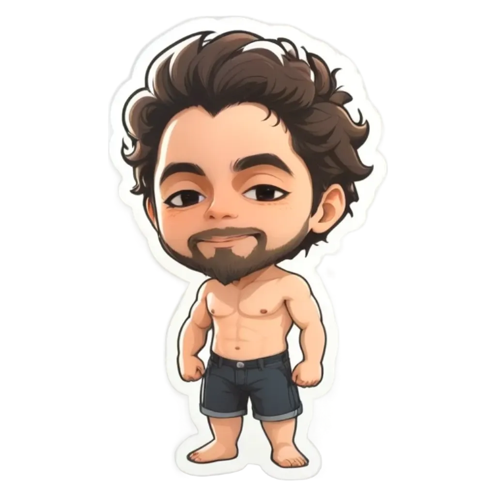 A boy with a picture of him shirtless and wearing blue shorts.