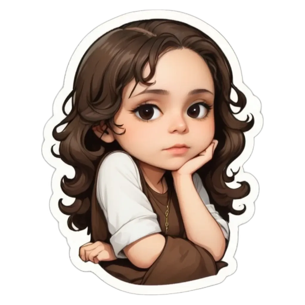 A sticker of a girl with her hand on her face.