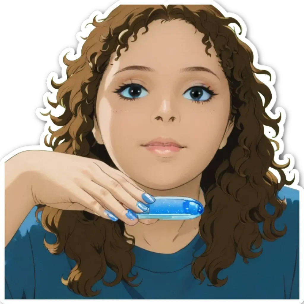 An animated girl is holding a blue object in her right hand.