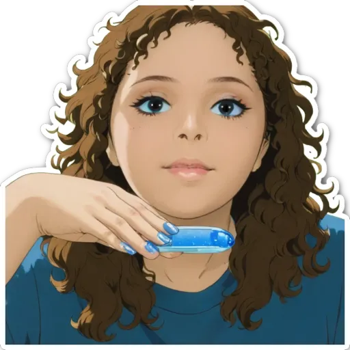 An animated girl is holding a blue object in her right hand.