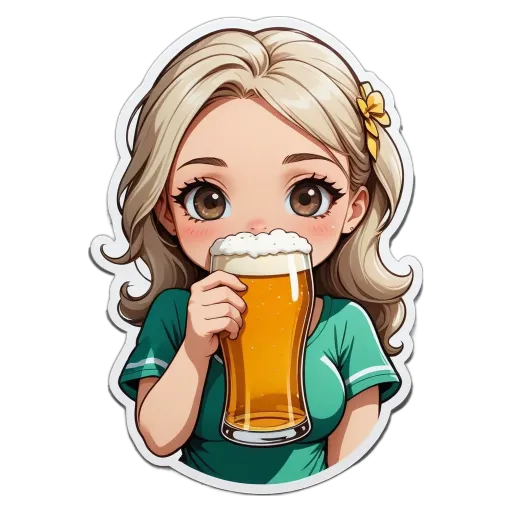 A girl drinking from a glass with a colorful sticker of her.