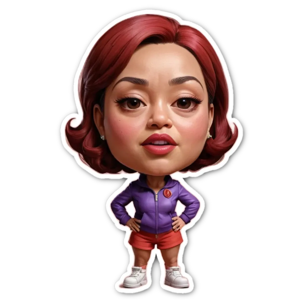 A sticker of a girl that is wearing a purple jacket and red shorts.