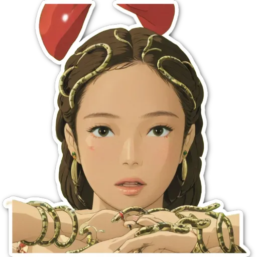 A woman with snakes for earrings is holding her hands up.