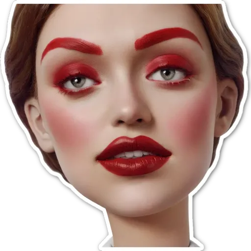 A woman with red lipstick and green eyes.