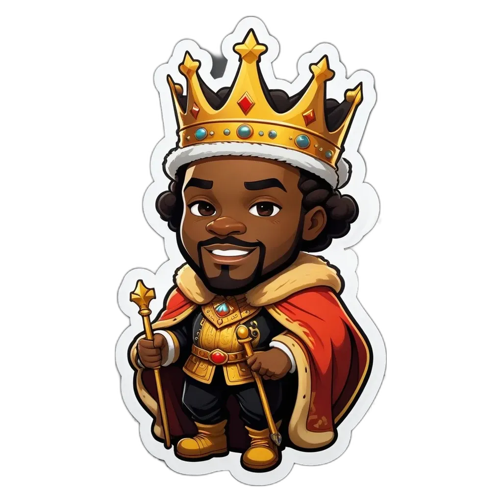 A cartoon picture of a king wearing a crown and holding a staff.