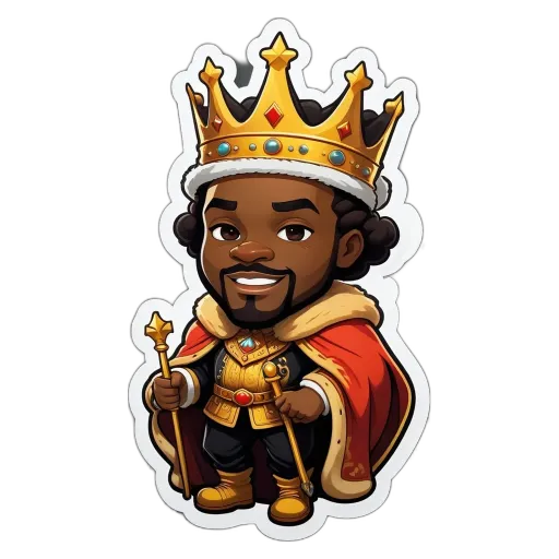 A cartoon picture of a king wearing a crown and holding a staff.