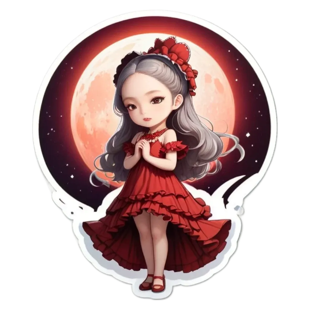 A girl wearing a red dress with flowers on it stands near the moon.