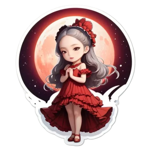 A girl wearing a red dress with flowers on it stands near the moon.