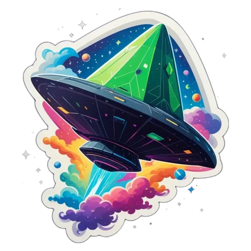 A colorful sticker of a ship in space with a planet.