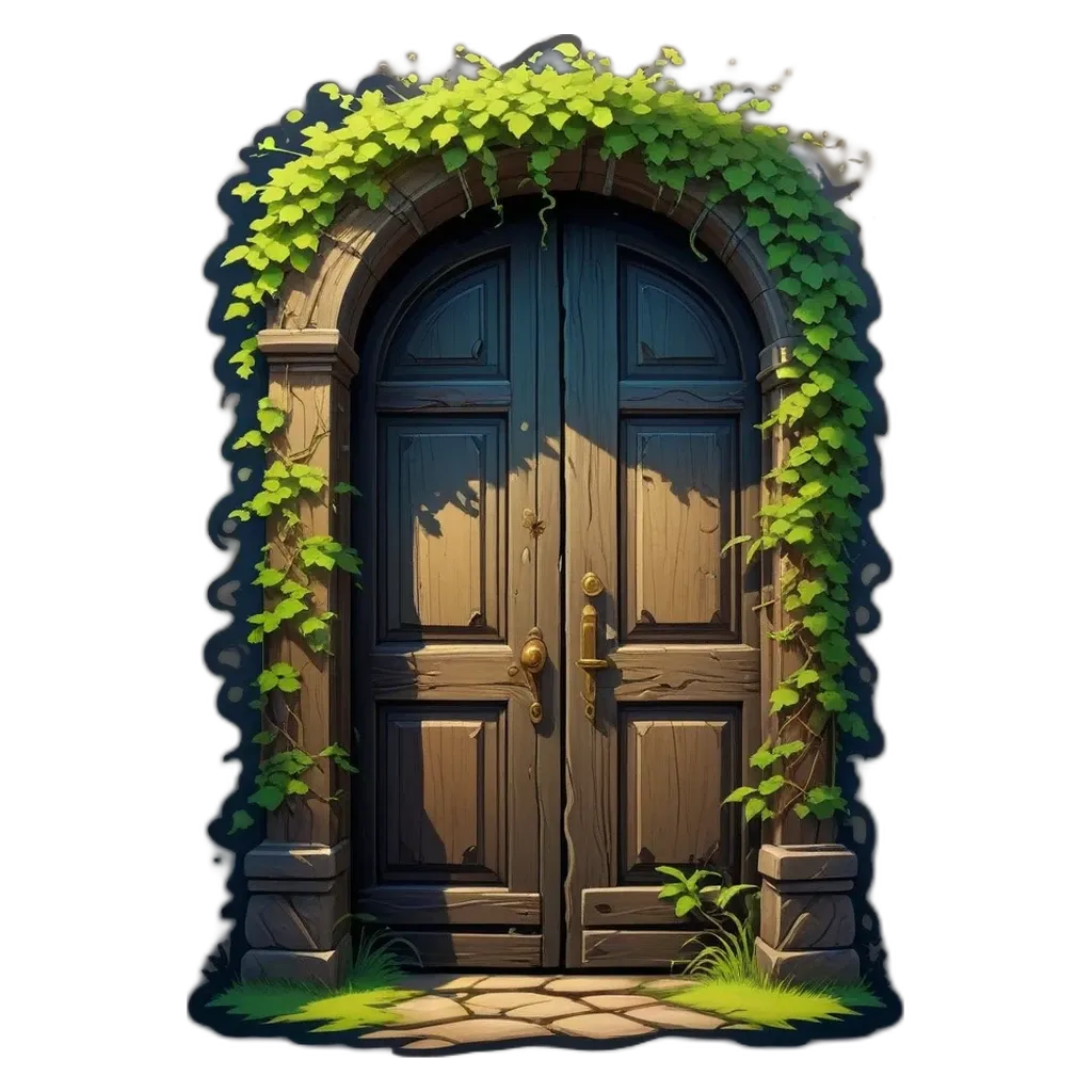 An archway door with ivy climbing it.