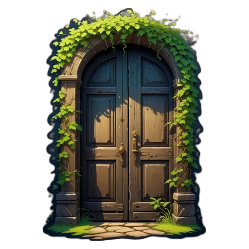 An archway door with ivy climbing it.