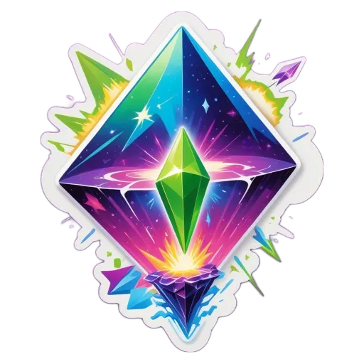 A colorful geometric design with a green and blue diamond in the center.