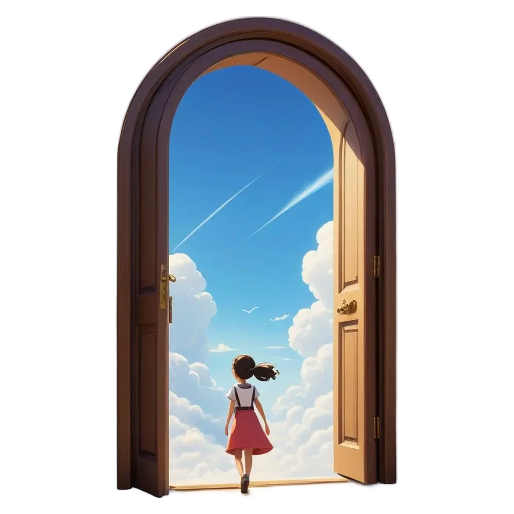 A girl with a pink dress is looking out of an arched doorway into the sky.