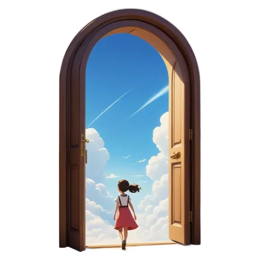 A girl with a pink dress is looking out of an arched doorway into the sky.