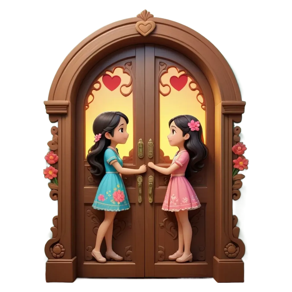 Two girls standing in front of an archway with hearts on it.