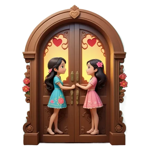 Two girls standing in front of an archway with hearts on it.