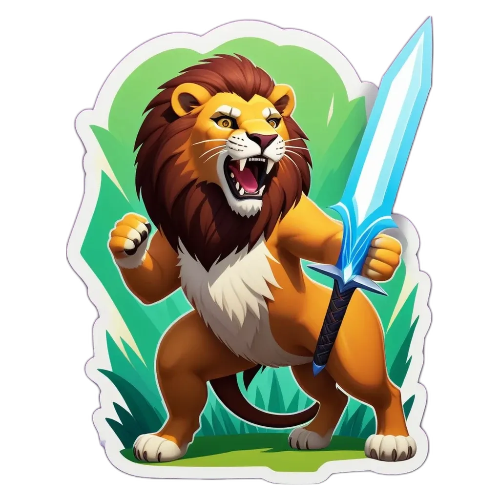 A cartoon lion holding a sword with an exclamation mark.