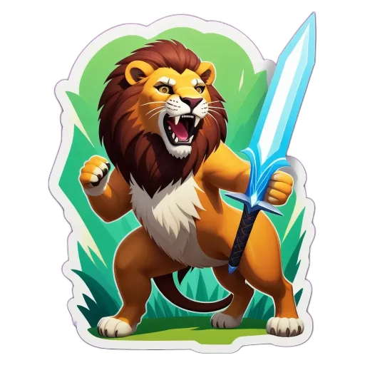 A cartoon lion holding a sword with an exclamation mark.