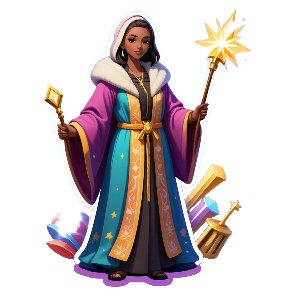 A woman in a game holding a star with a robe on.