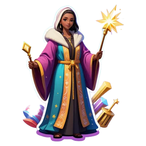 A woman in a game holding a star with a robe on.