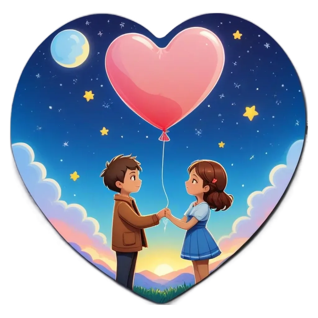 A heart shape coin with two people holding a balloon.